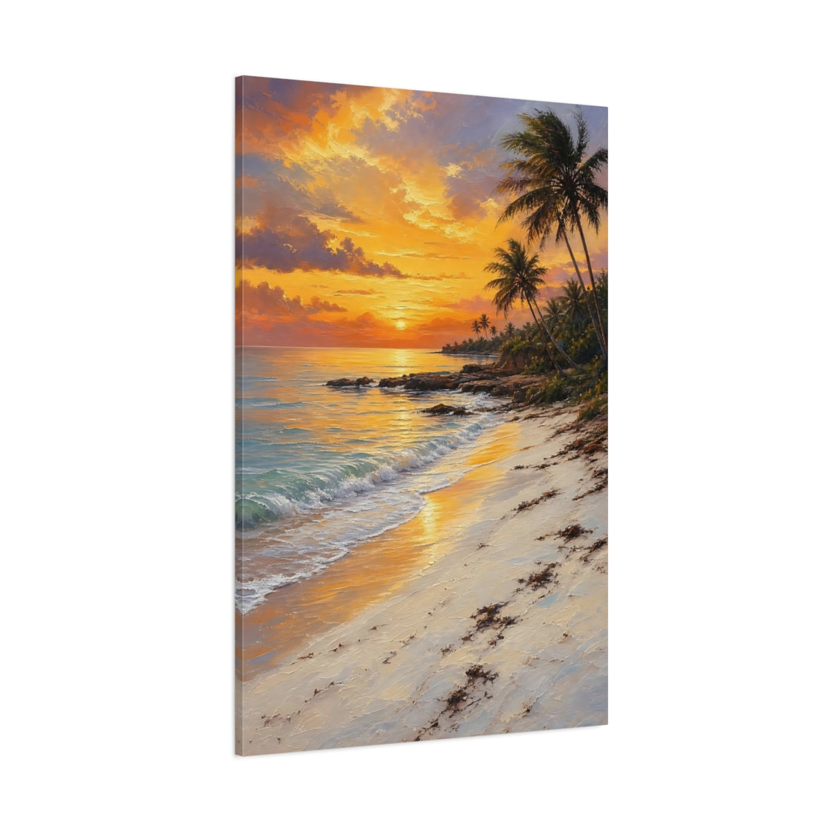 Side Mockup 1. Nature Tropical Beach Orange Sunset Beach shown as stretched canvas wall art
