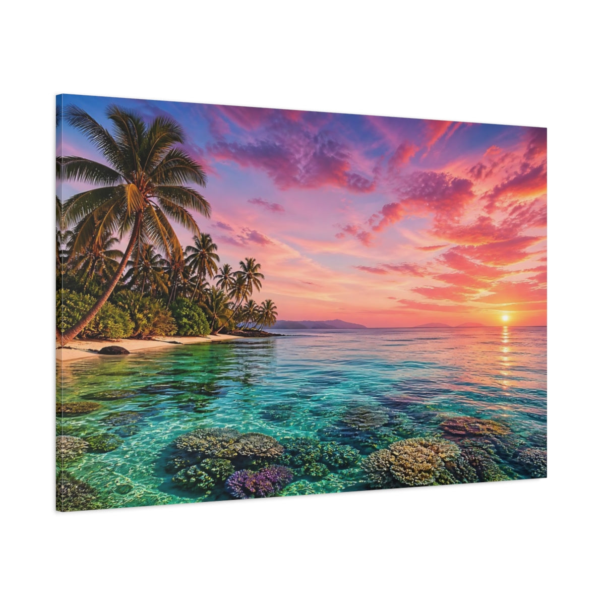 Side Mockup 1. Nature Tropical Beach Pink And Blue Sunset shown as stretched canvas wall art