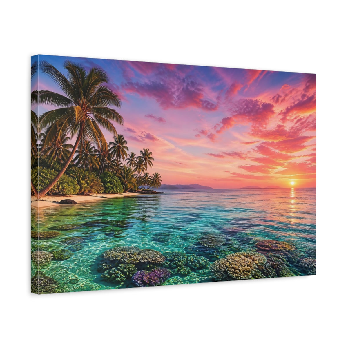 Side Mockup 3. Nature Tropical Beach Pink And Blue Sunset shown as stretched canvas wall art