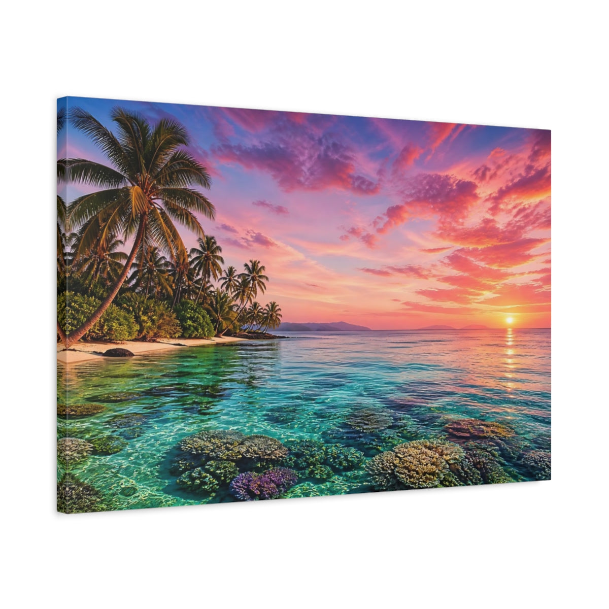 Side Mockup 2. Nature Tropical Beach Pink And Blue Sunset shown as stretched canvas wall art