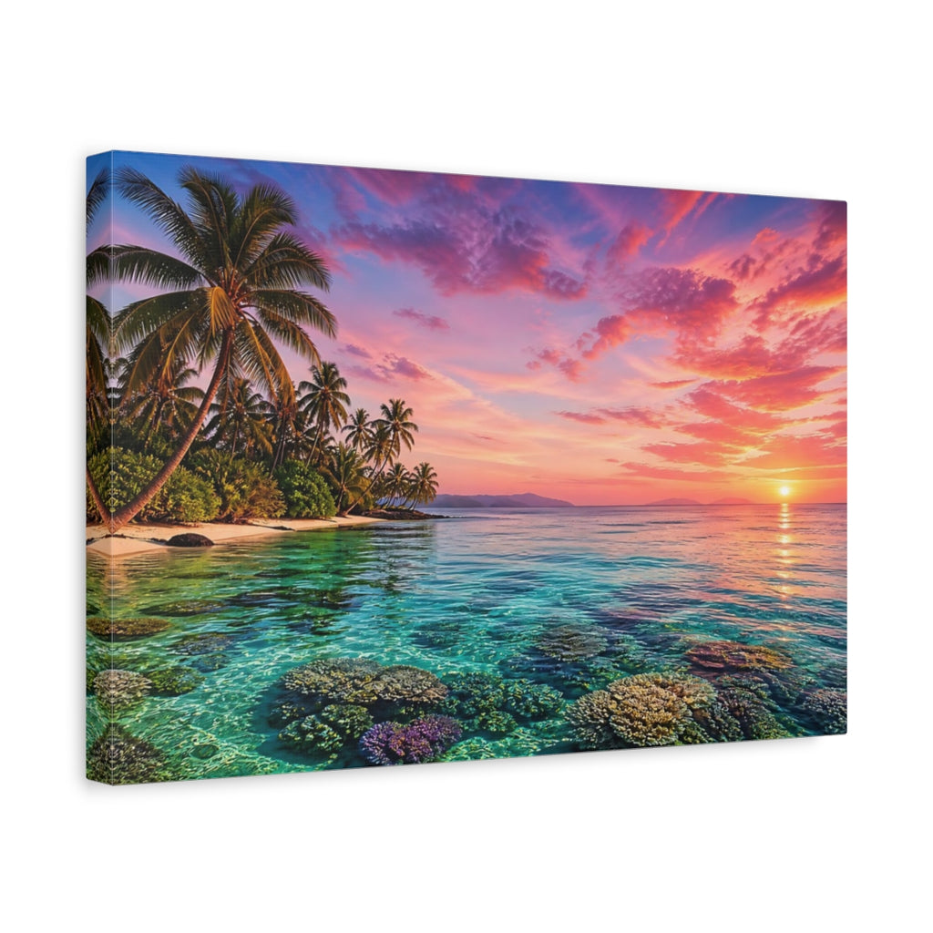 Side Mockup 4. Nature Tropical Beach Pink And Blue Sunset shown as stretched canvas wall art