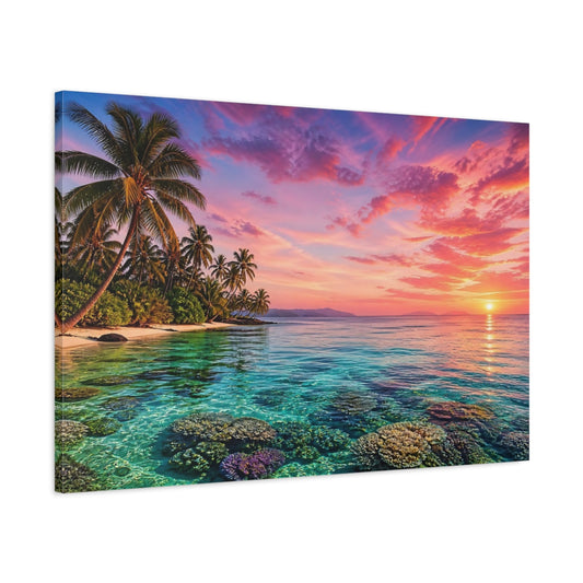 Main Mockup. Nature Tropical Beach Pink And Blue Sunset shown as stretched canvas wall art