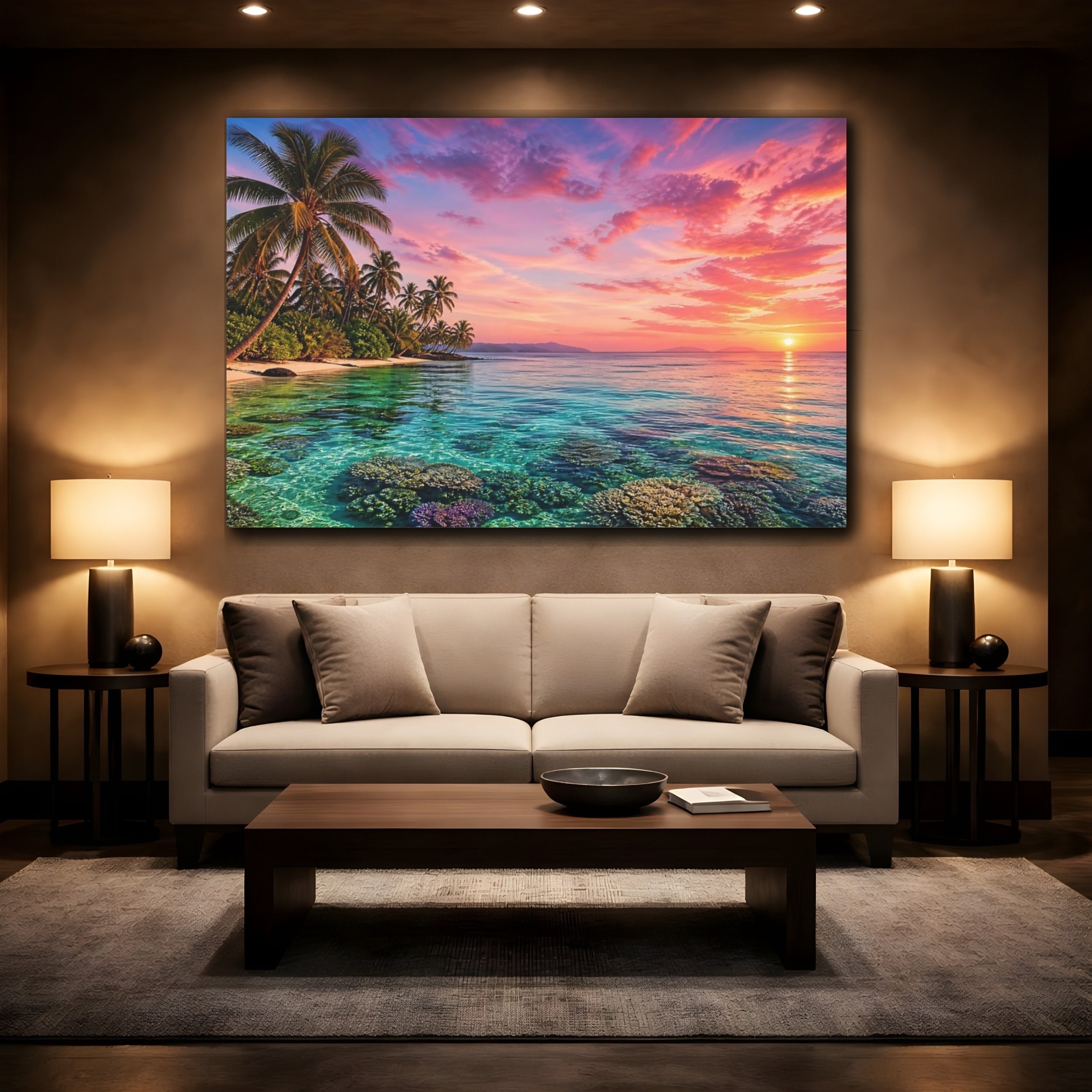 Mockup 2. Nature Tropical Beach Pink And Blue Sunset shown as stretched canvas wall art