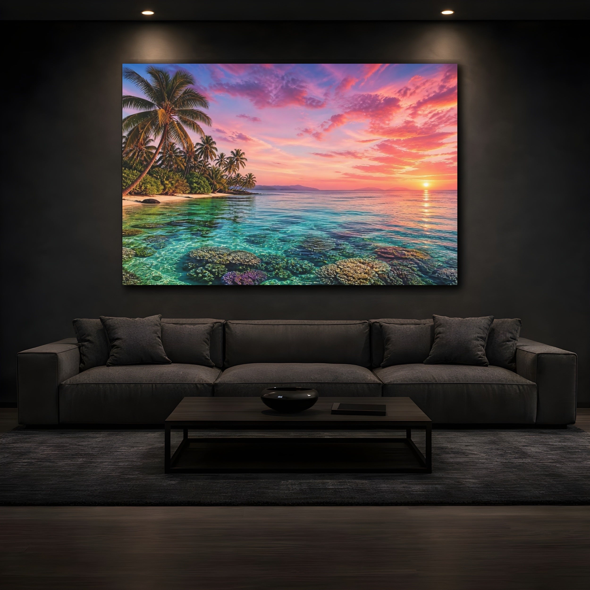 Mockup 3. Nature Tropical Beach Pink And Blue Sunset shown as stretched canvas wall art