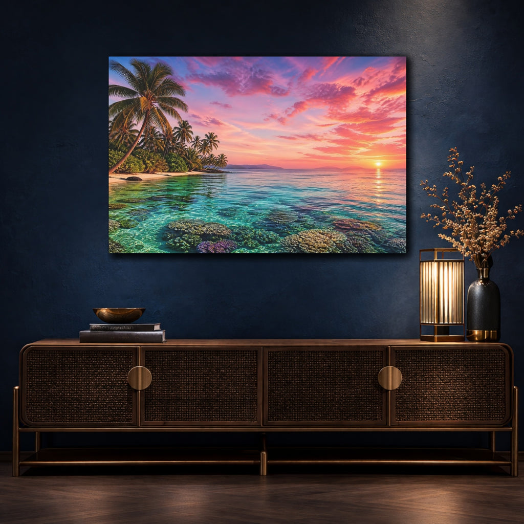 Mockup 4. Nature Tropical Beach Pink And Blue Sunset shown as stretched canvas wall art