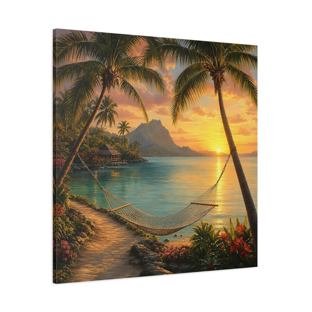 Side Mockup 1. Nature Tropical Beach Tropical Sunset shown as stretched canvas wall art