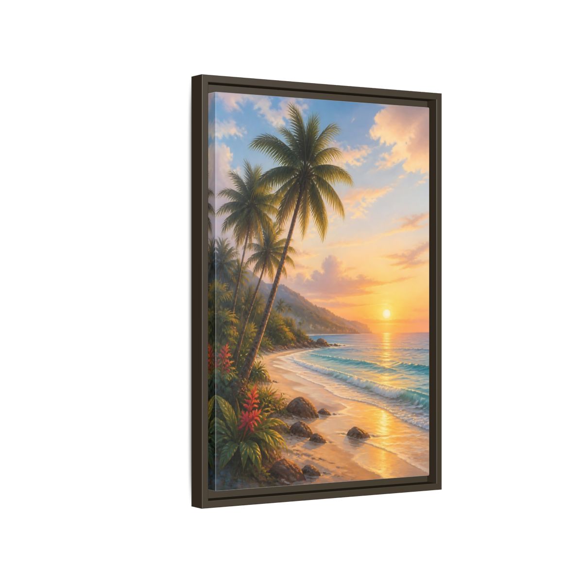 Side Mockup 2. Nature Tropical Beach Tropical Sunset shown as stretched canvas wall art