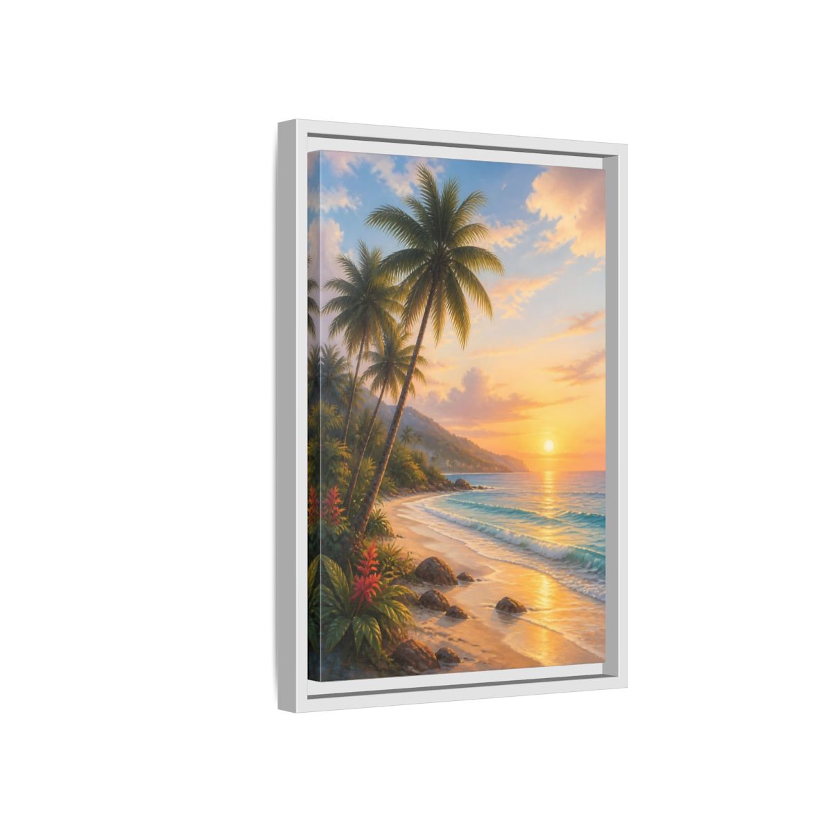 Side Mockup 4. Nature Tropical Beach Tropical Sunset shown as stretched canvas wall art