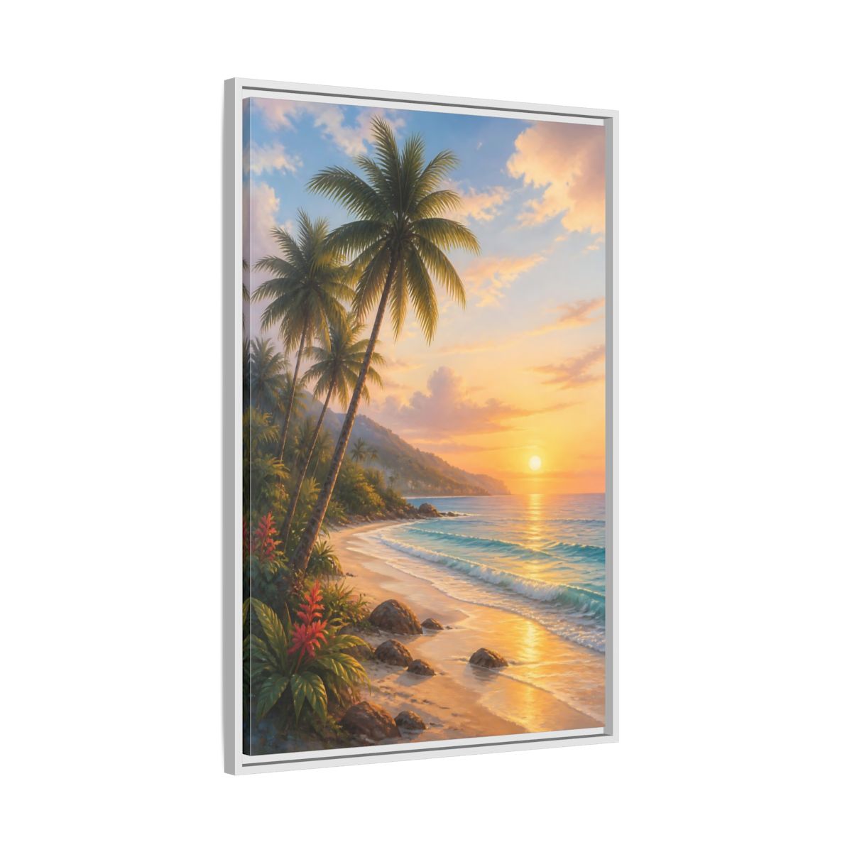 Side Mockup 9. Nature Tropical Beach Tropical Sunset shown as stretched canvas wall art