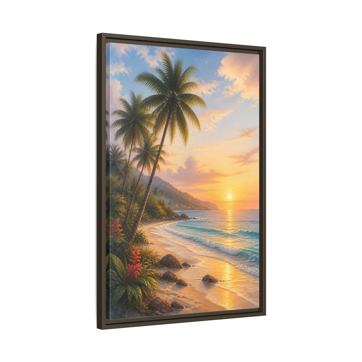 Side Mockup 11. Nature Tropical Beach Tropical Sunset shown as stretched canvas wall art