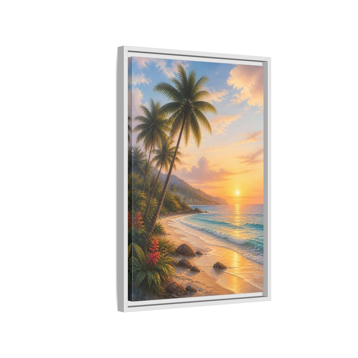 Side Mockup 1. Nature Tropical Beach Tropical Sunset shown as stretched canvas wall art