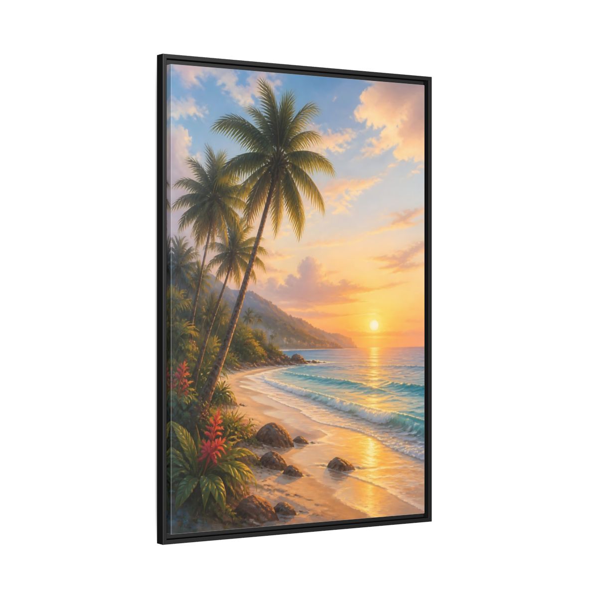 Side Mockup 12. Nature Tropical Beach Tropical Sunset shown as stretched canvas wall art