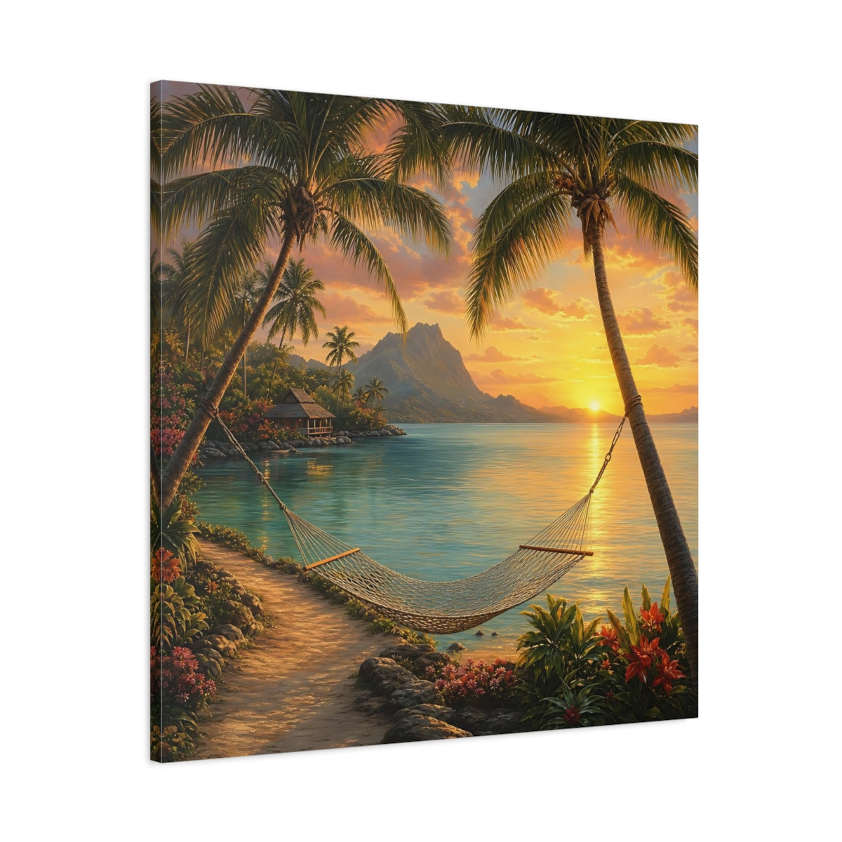 Main Mockup. Nature Tropical Beach Tropical Sunset shown as stretched canvas wall art