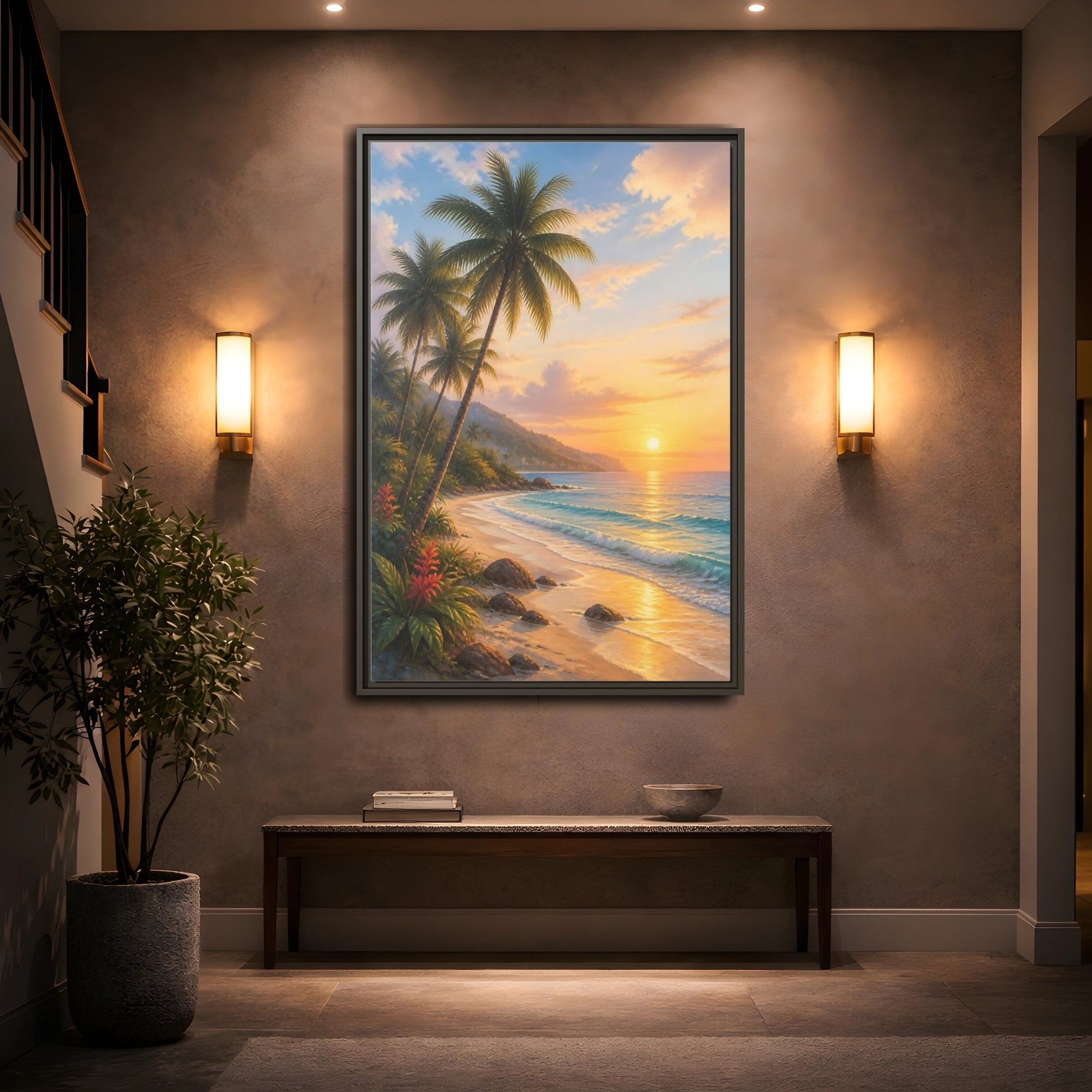 Mockup 2. Nature Tropical Beach Tropical Sunset shown as stretched canvas wall art