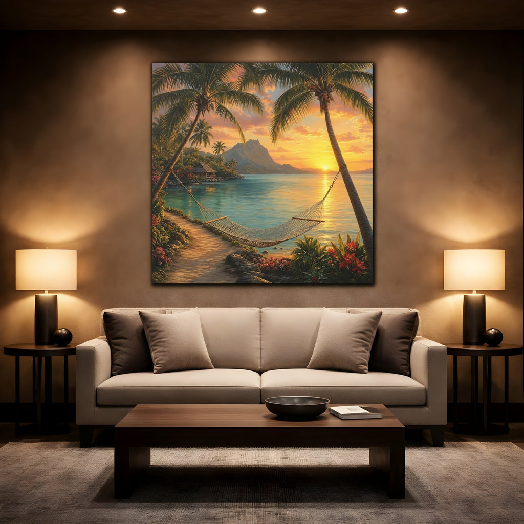 Mockup 2. Nature Tropical Beach Tropical Sunset shown as stretched canvas wall art