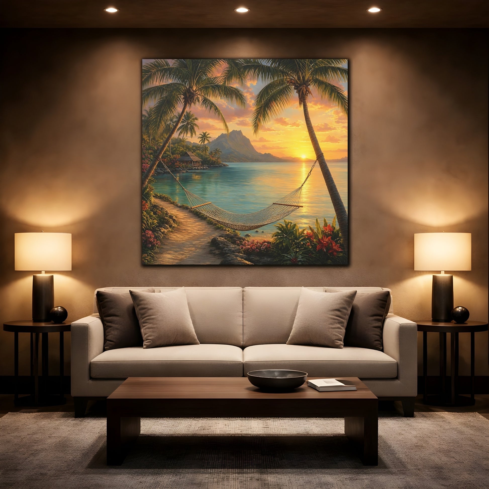 Mockup 2. Nature Tropical Beach Tropical Sunset shown as stretched canvas wall art