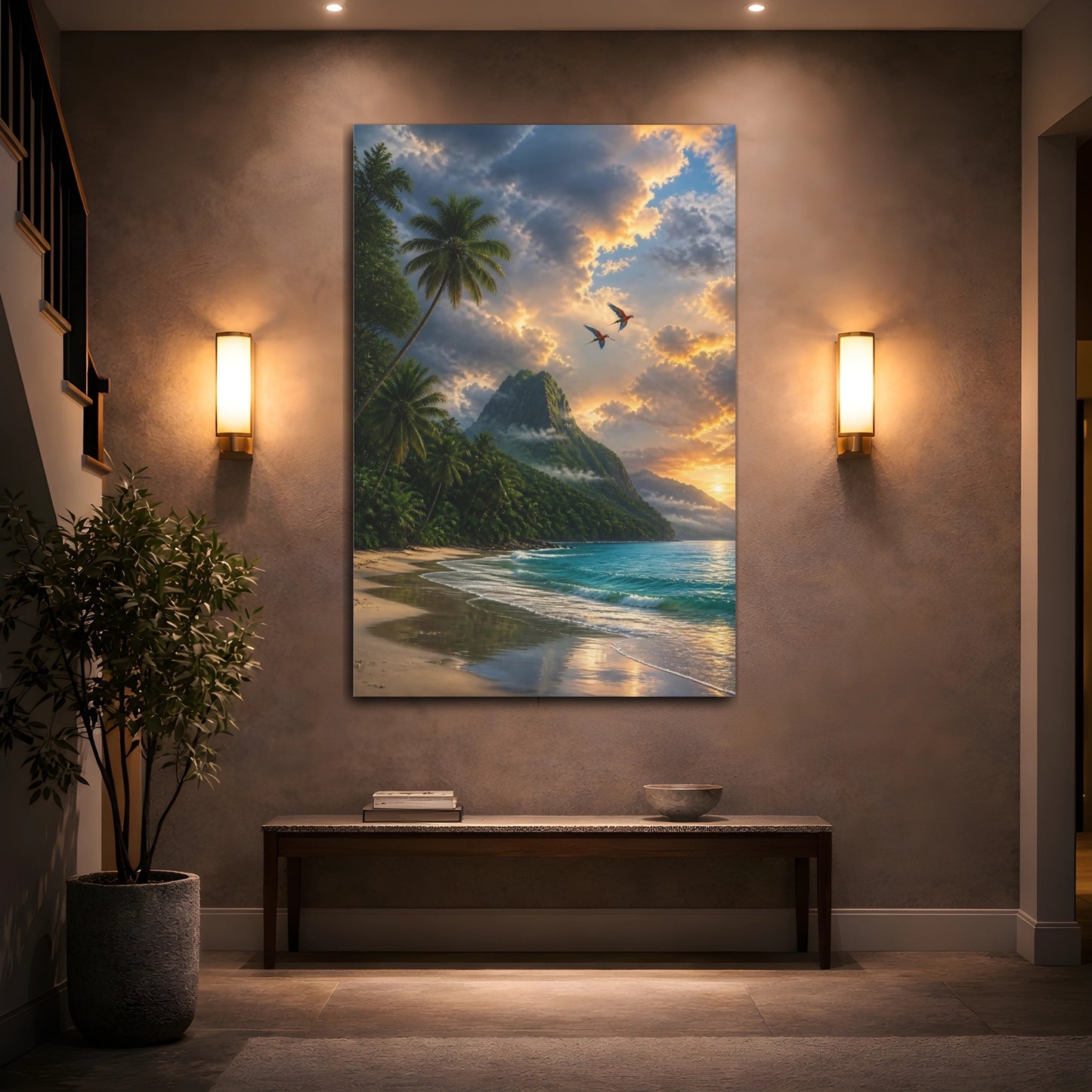 Mockup 2. Nature Tropical Beach Tropical Sunset shown as stretched canvas wall art
