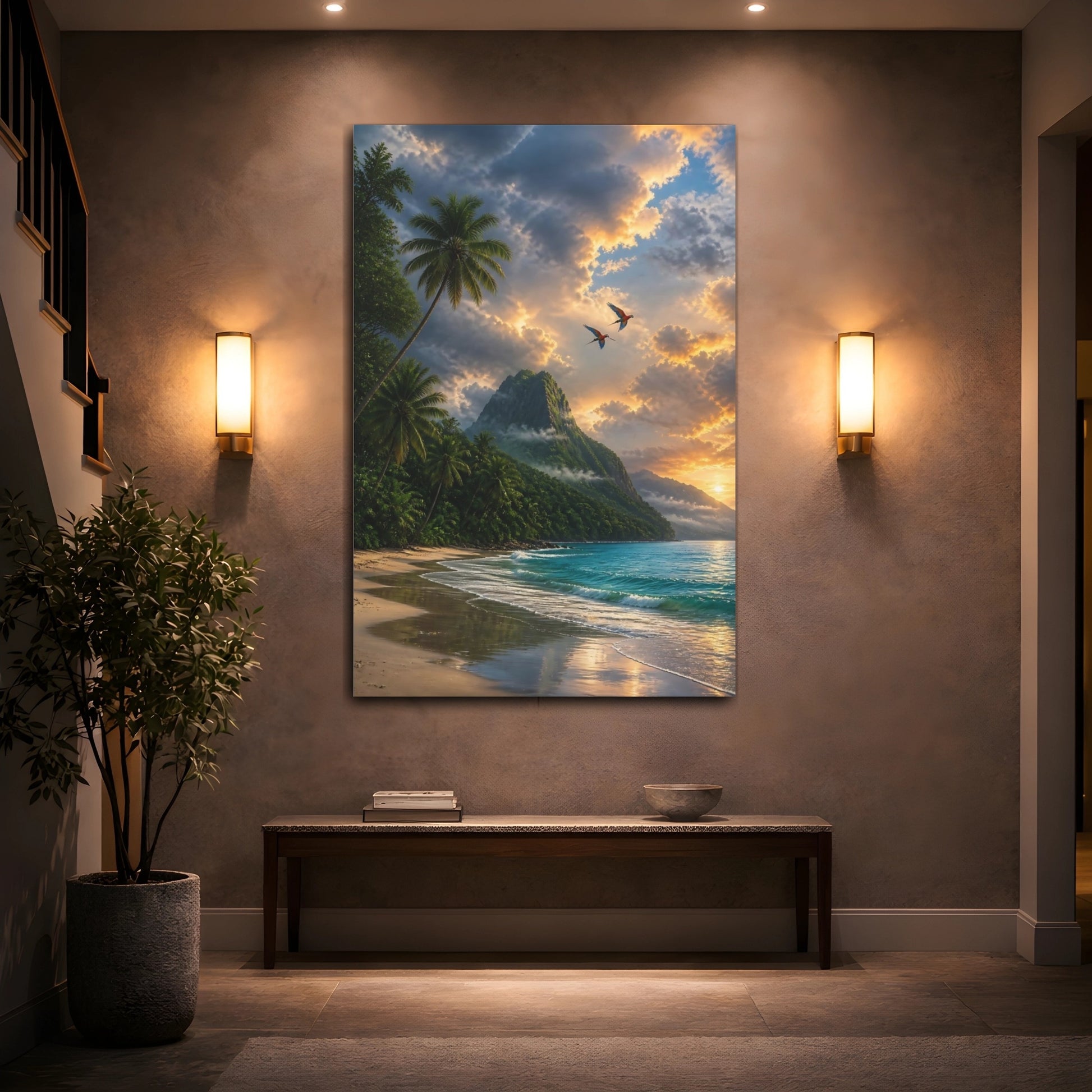 Mockup 2. Nature Tropical Beach Tropical Sunset shown as stretched canvas wall art