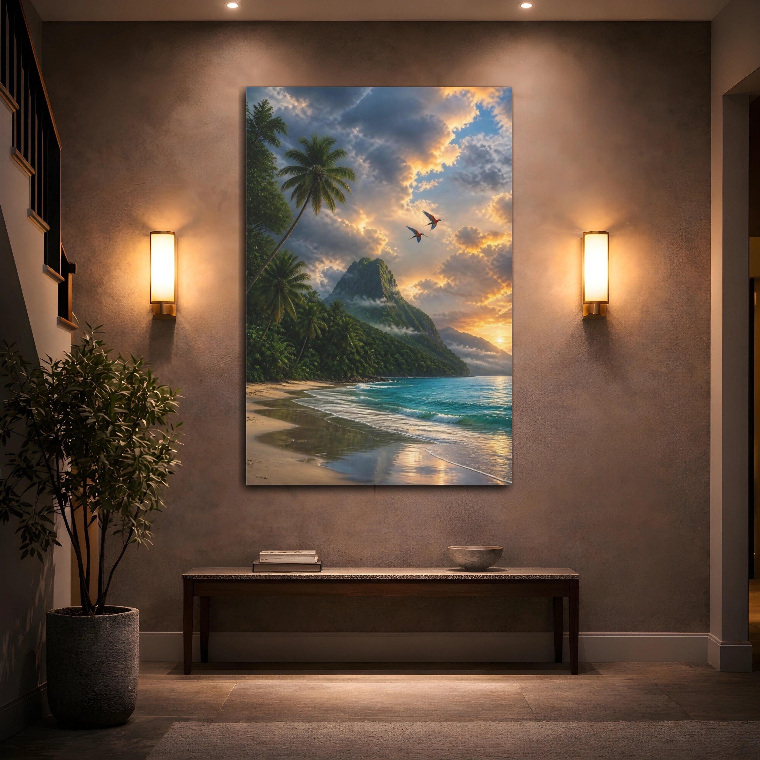 Mockup 2. Nature Tropical Beach Tropical Sunset shown as stretched canvas wall art