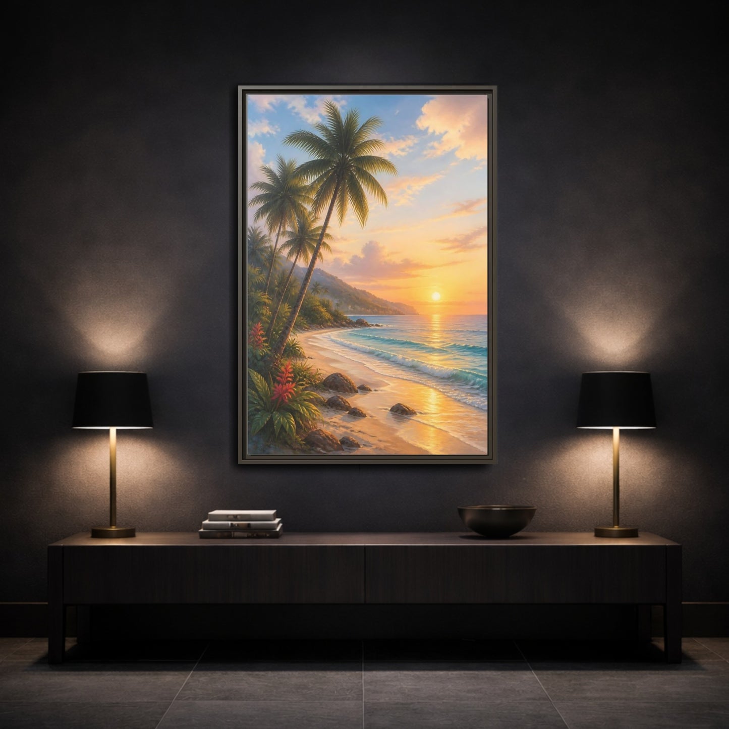 Mockup 3. Nature Tropical Beach Tropical Sunset shown as stretched canvas wall art