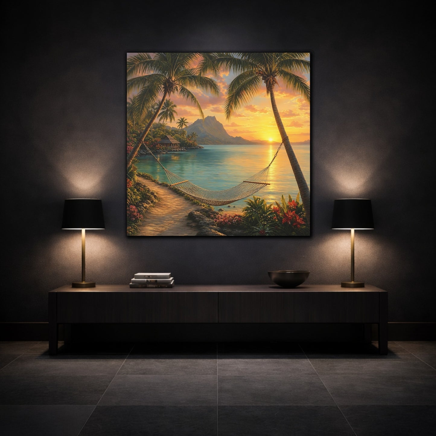 Mockup 3. Nature Tropical Beach Tropical Sunset shown as stretched canvas wall art