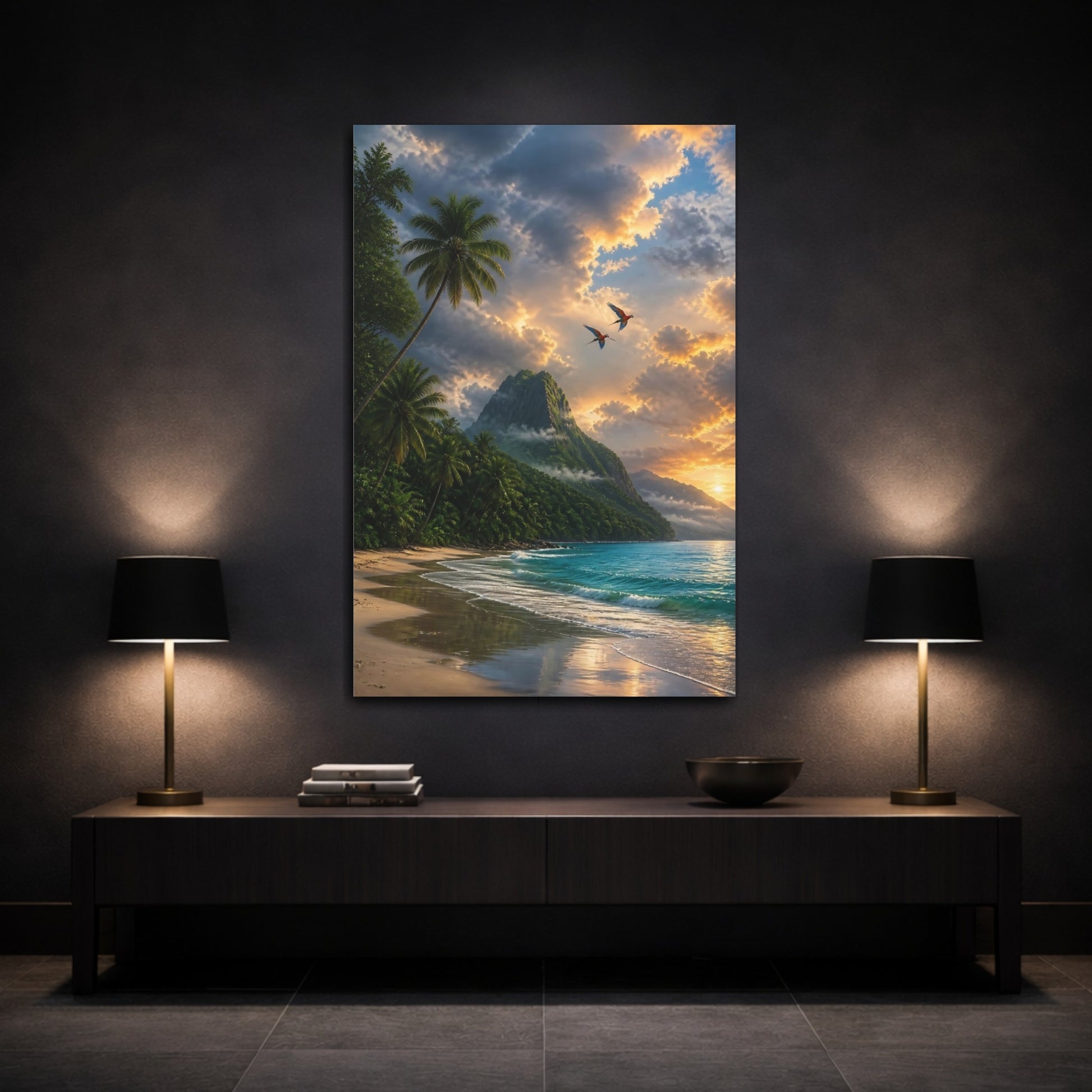 Mockup 3. Nature Tropical Beach Tropical Sunset shown as stretched canvas wall art