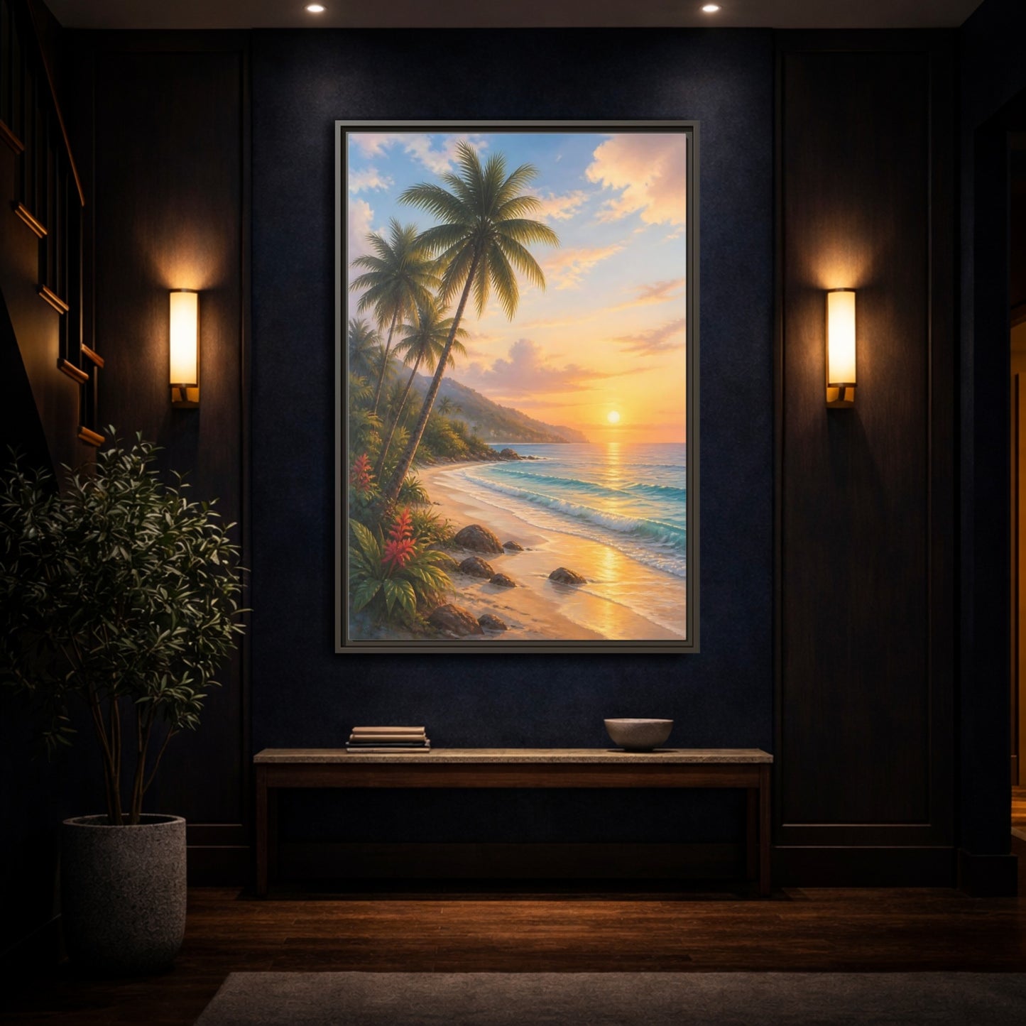 Mockup 4. Nature Tropical Beach Tropical Sunset shown as stretched canvas wall art