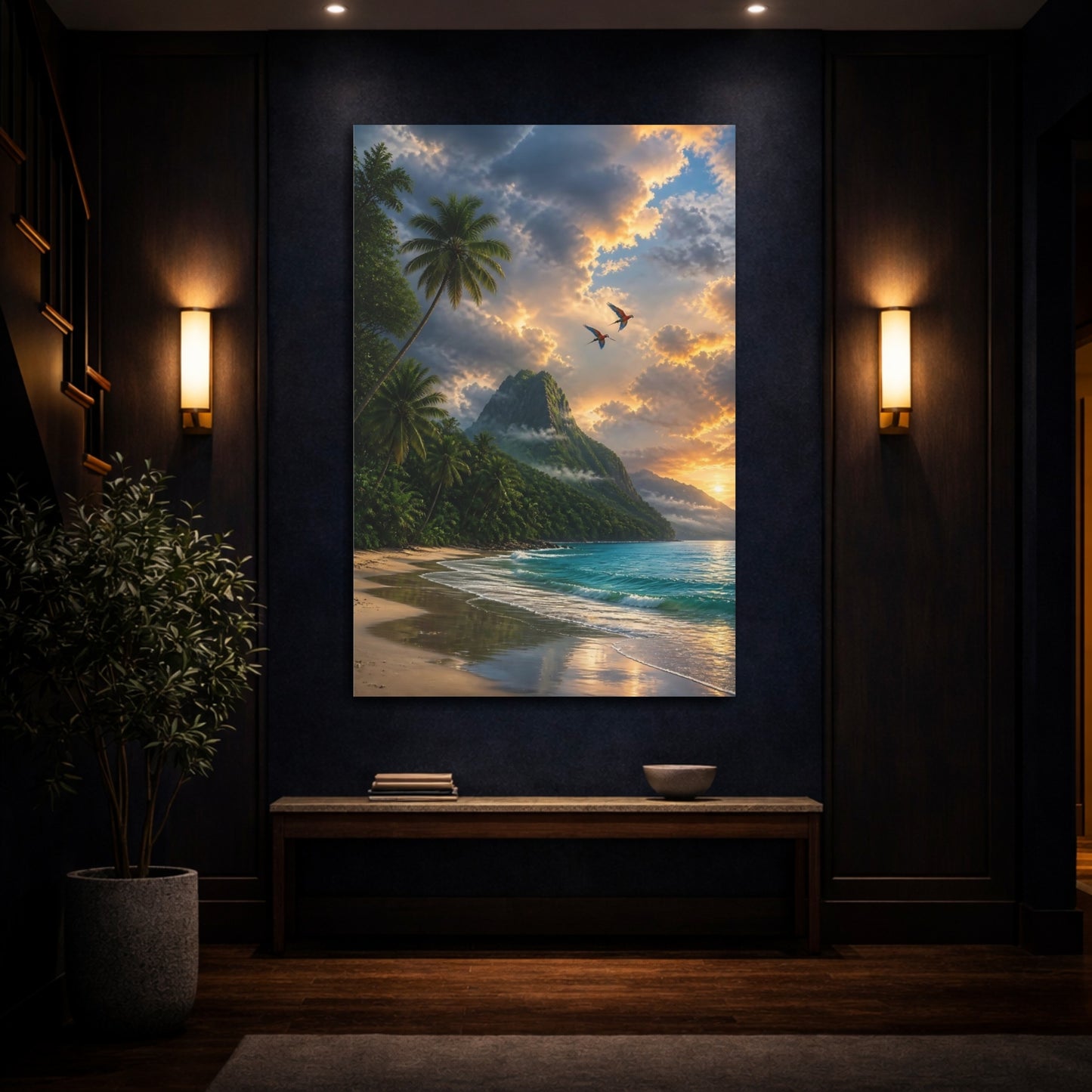Mockup 4. Nature Tropical Beach Tropical Sunset shown as stretched canvas wall art