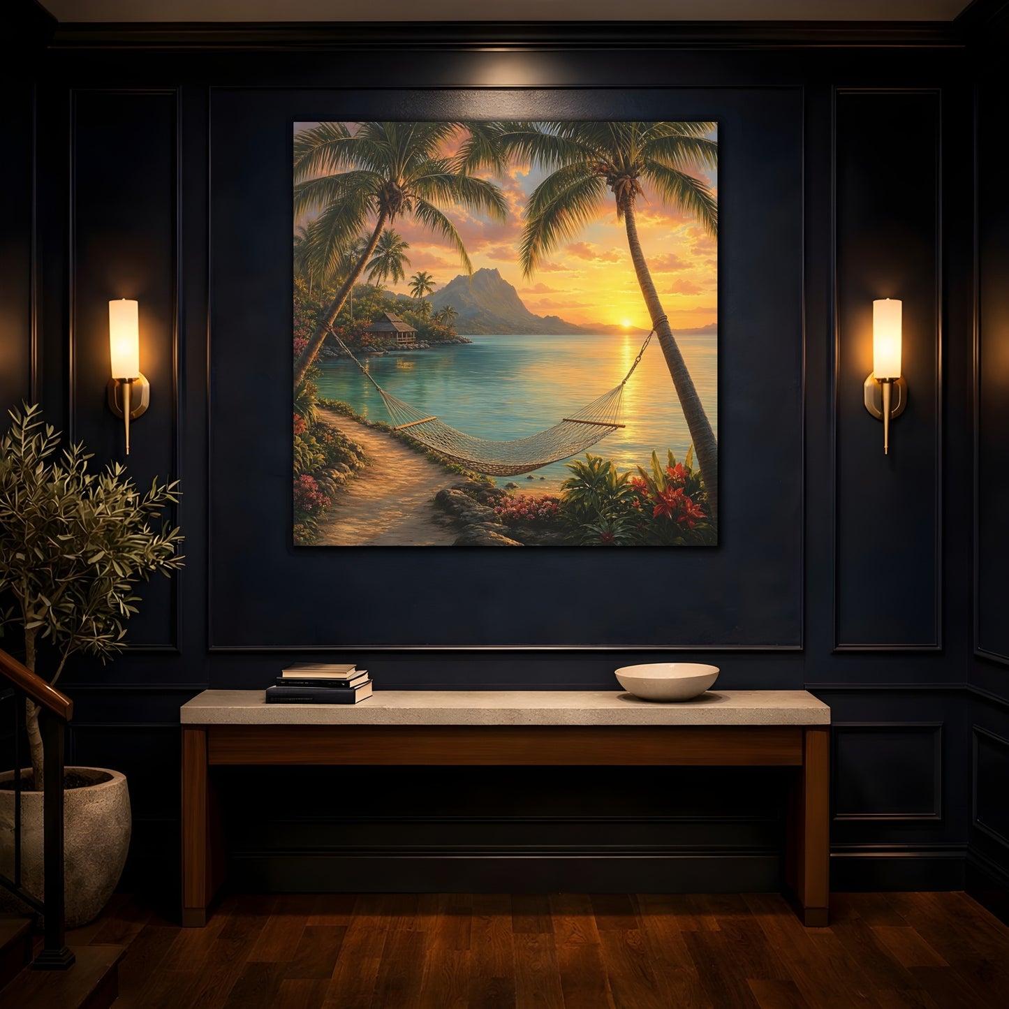 Mockup 4. Nature Tropical Beach Tropical Sunset shown as stretched canvas wall art