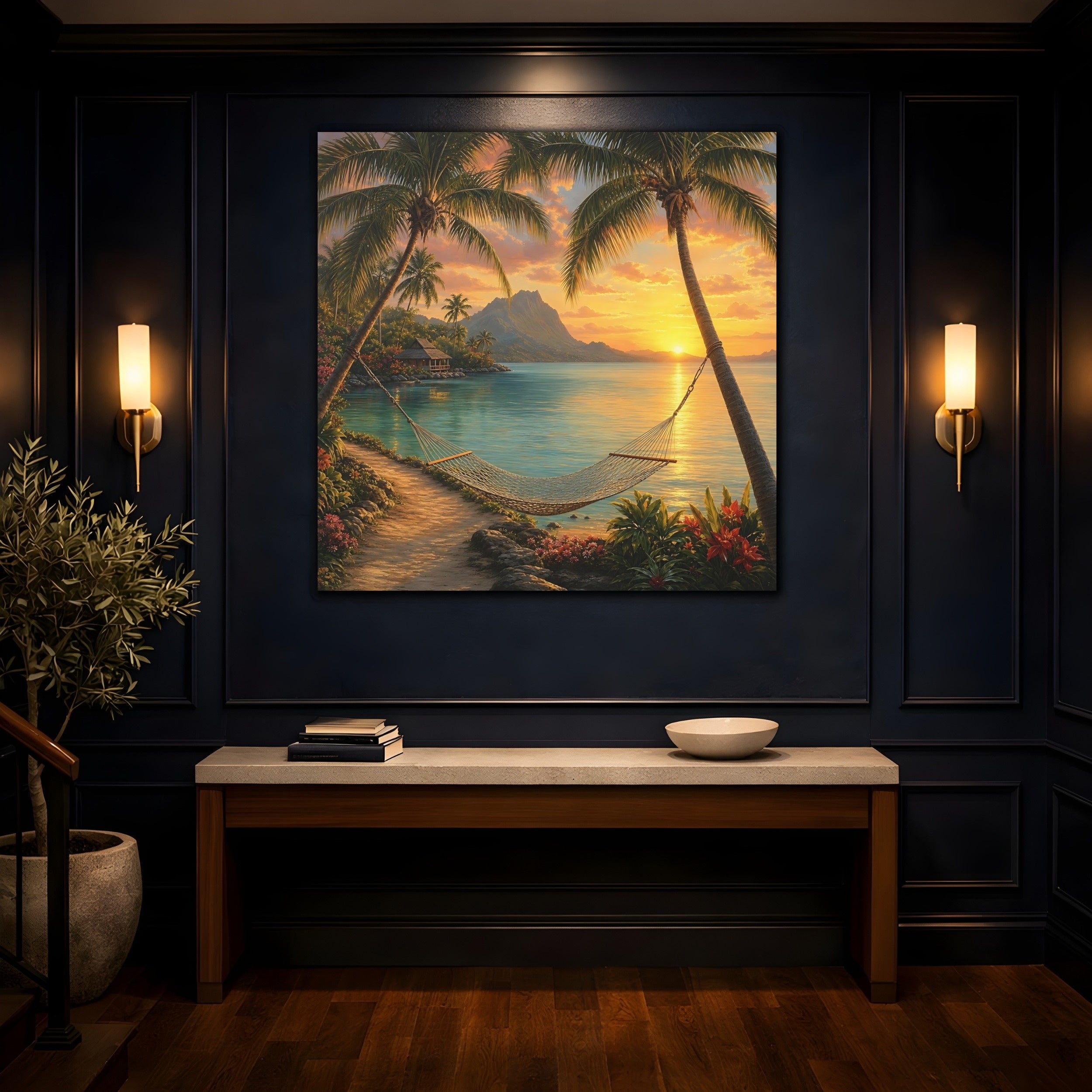 Mockup 4. Nature Tropical Beach Tropical Sunset shown as stretched canvas wall art