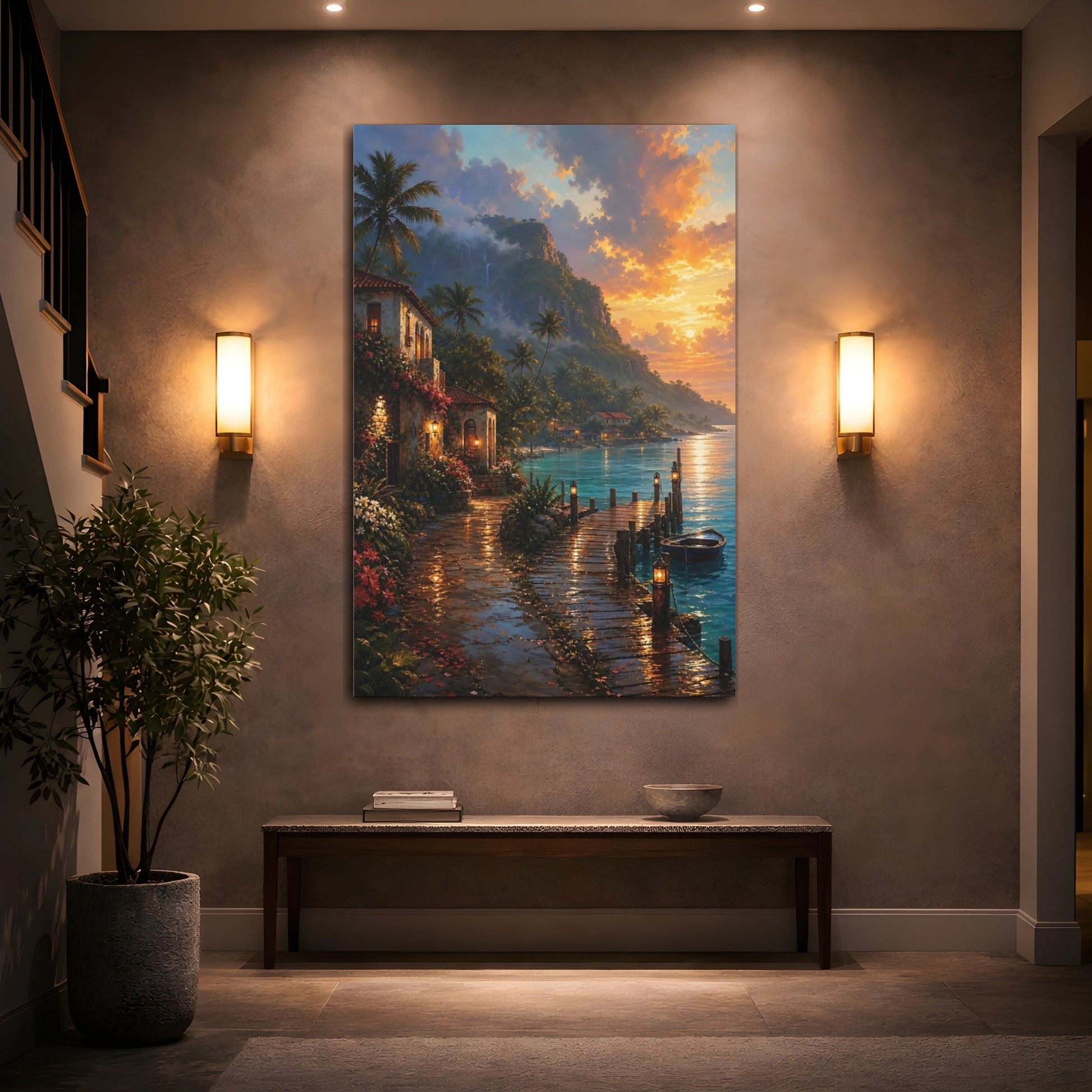 Mockup 2. Nature Tropical Coast Tropical Sunset shown as stretched canvas wall art