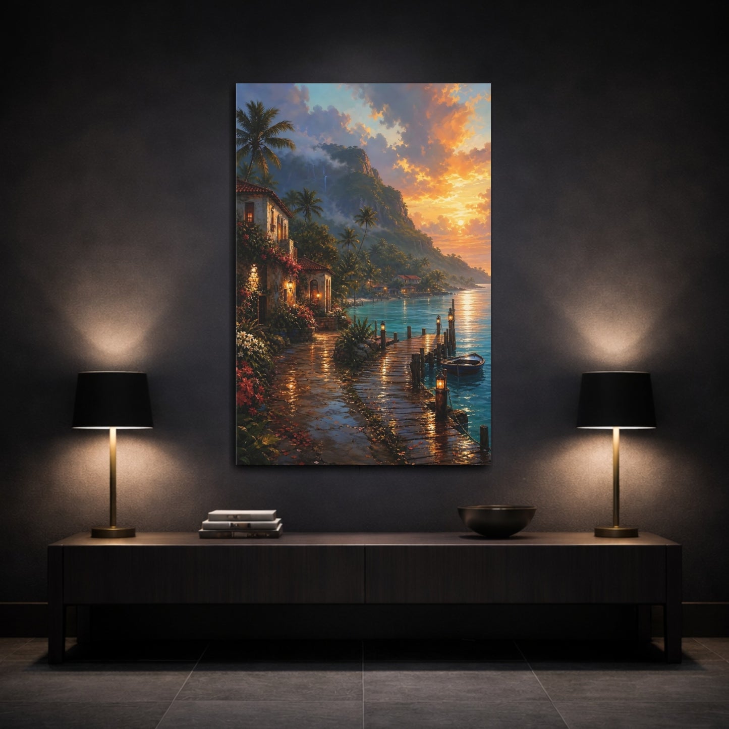 Mockup 3. Nature Tropical Coast Tropical Sunset shown as stretched canvas wall art