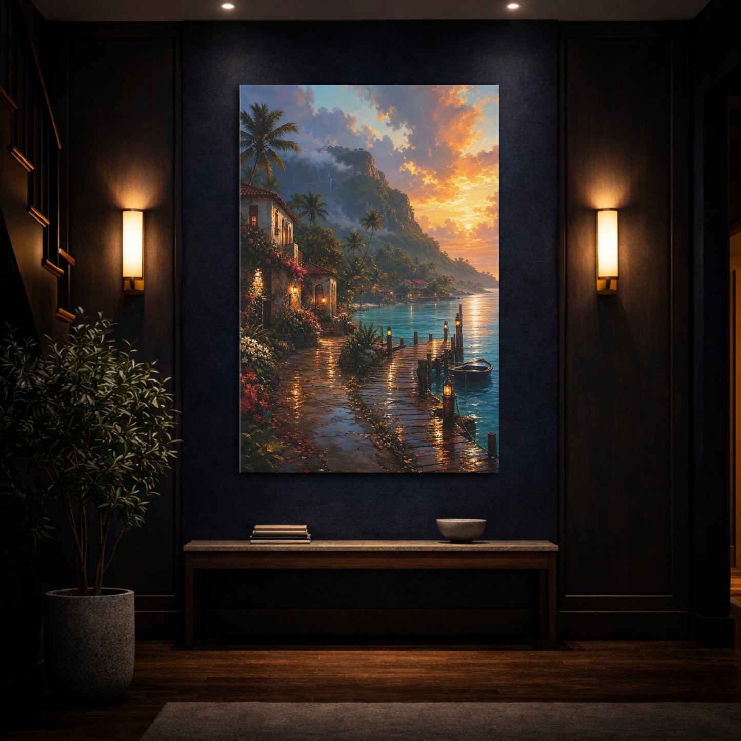 Mockup 4. Nature Tropical Coast Tropical Sunset shown as stretched canvas wall art