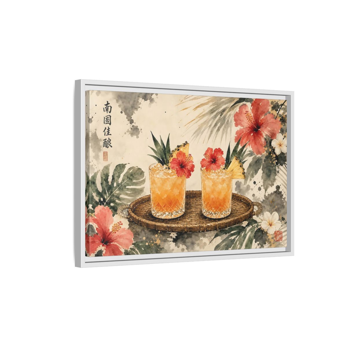 Side Mockup 1. Nature Tropical Drinks Tropical Drinks Orange shown as stretched canvas wall art
