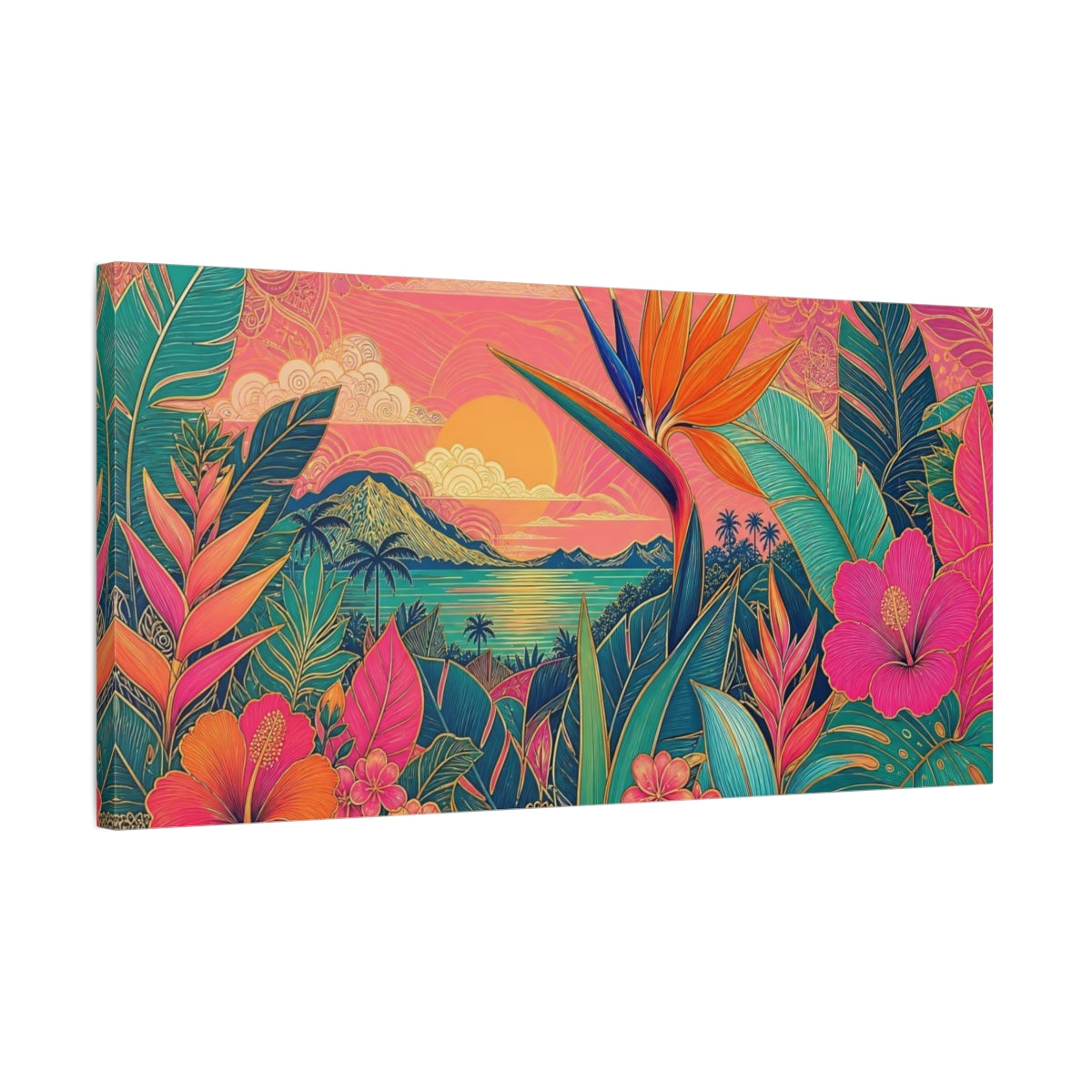 Side Mockup 1. Nature Tropical Flowers Pink Tropical Sunset shown as stretched canvas wall art