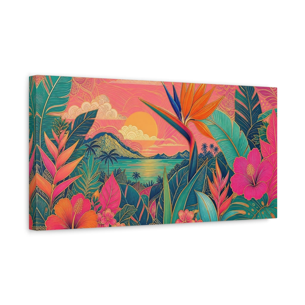 Side Mockup 3. Nature Tropical Flowers Pink Tropical Sunset shown as stretched canvas wall art