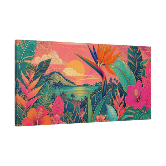 Main Mockup. Nature Tropical Flowers Pink Tropical Sunset shown as stretched canvas wall art
