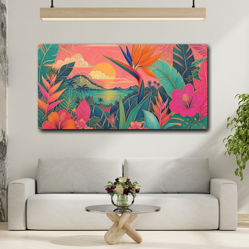 Mockup 2. Nature Tropical Flowers Pink Tropical Sunset shown as stretched canvas wall art