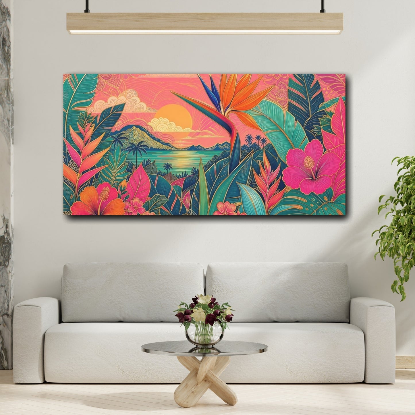 Mockup 2. Nature Tropical Flowers Pink Tropical Sunset shown as stretched canvas wall art