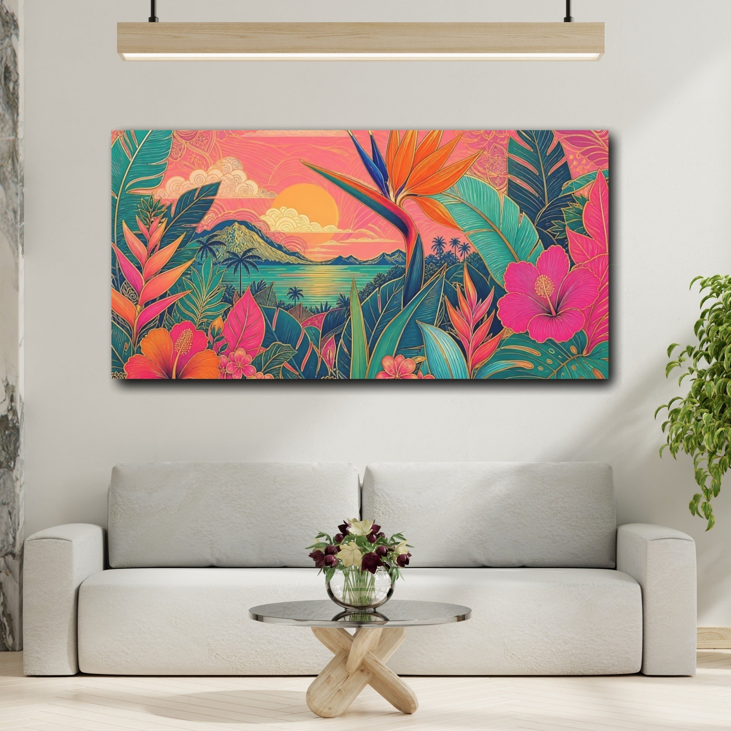 Mockup 2. Nature Tropical Flowers Pink Tropical Sunset shown as stretched canvas wall art