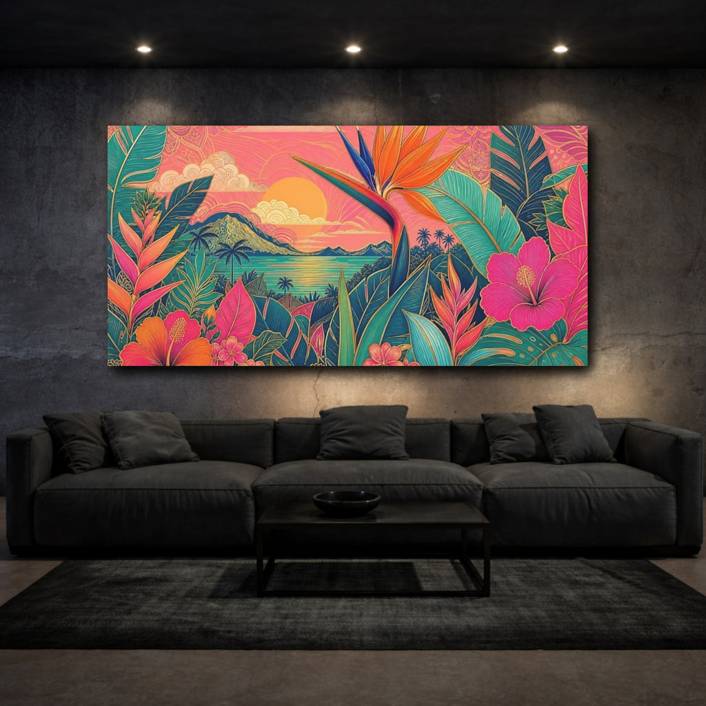 Mockup 3. Nature Tropical Flowers Pink Tropical Sunset shown as stretched canvas wall art