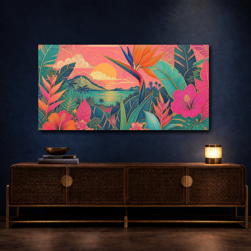 Mockup 4. Nature Tropical Flowers Pink Tropical Sunset shown as stretched canvas wall art