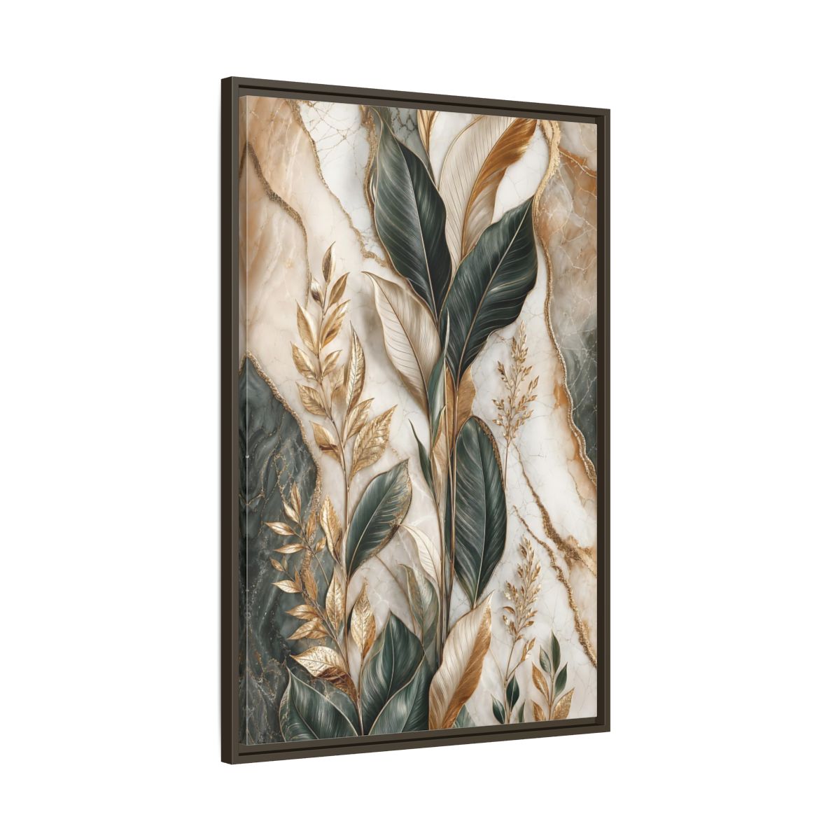 Main Mockup. Nature Tropical Foliage Green Gold Marble shown as stretched canvas wall art