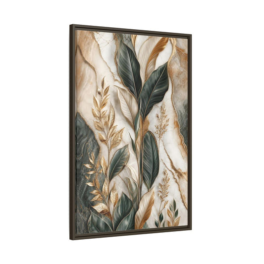 Main Mockup. Nature Tropical Foliage Green Gold Marble shown as stretched canvas wall art