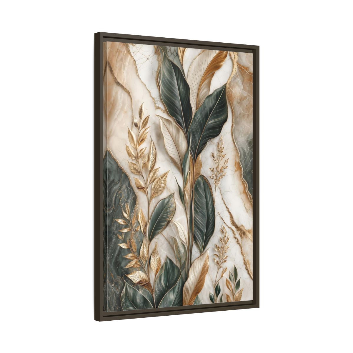 Side Mockup 11. Nature Tropical Foliage Green Gold Marble shown as stretched canvas wall art