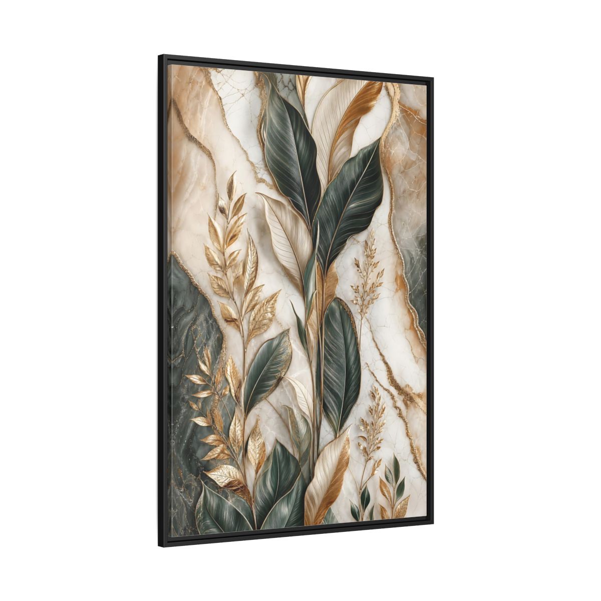 Side Mockup 12. Nature Tropical Foliage Green Gold Marble shown as stretched canvas wall art