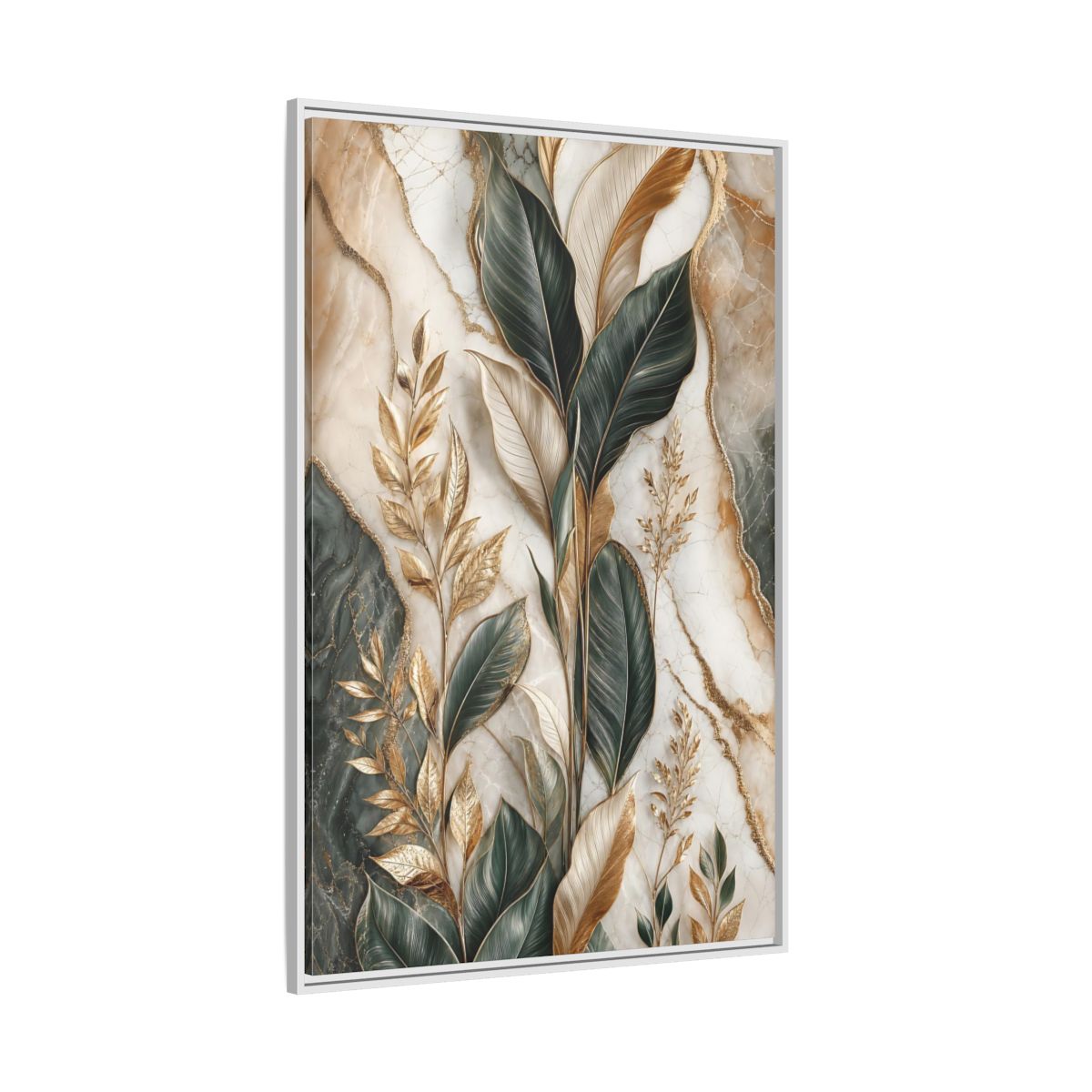 Side Mockup 7. Nature Tropical Foliage Green Gold Marble shown as stretched canvas wall art