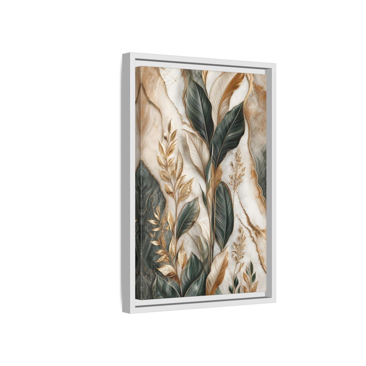 Side Mockup 4. Nature Tropical Foliage Green Gold Marble shown as stretched canvas wall art