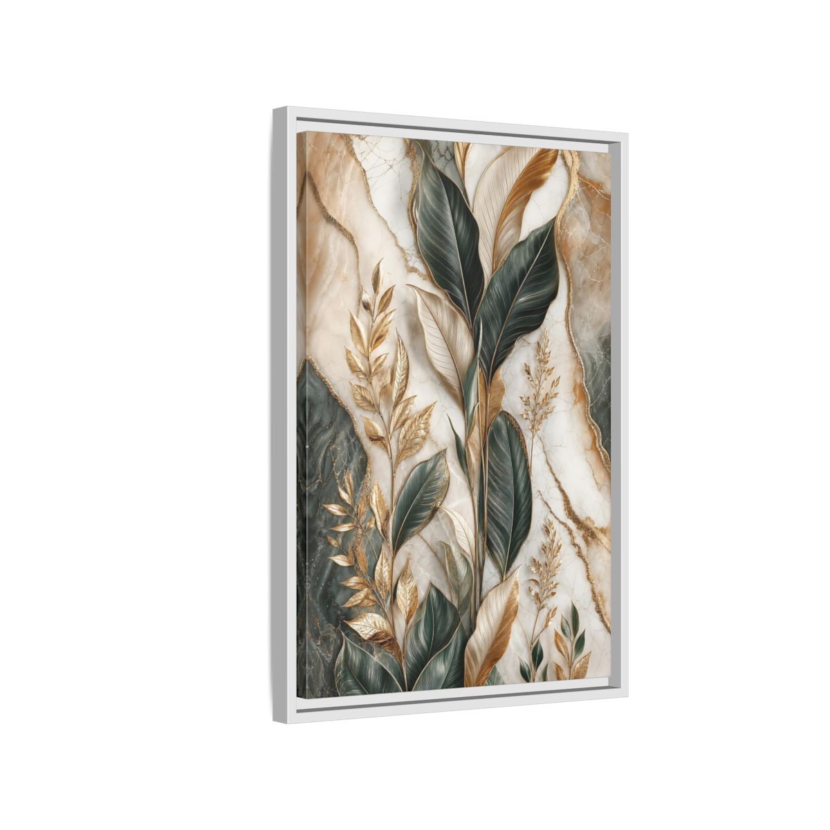 Side Mockup 1. Nature Tropical Foliage Green Gold Marble shown as stretched canvas wall art