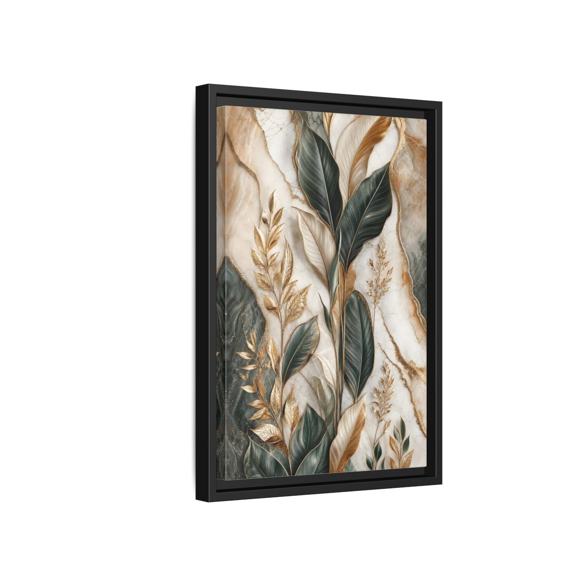 Side Mockup 6. Nature Tropical Foliage Green Gold Marble shown as stretched canvas wall art